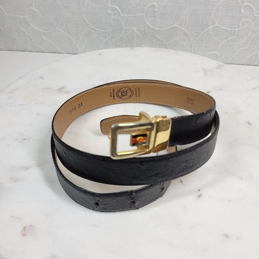 Pierre Cardin Leather Ostrich Belt Mens 36" Black Gold Box Frame Buckle Vintage